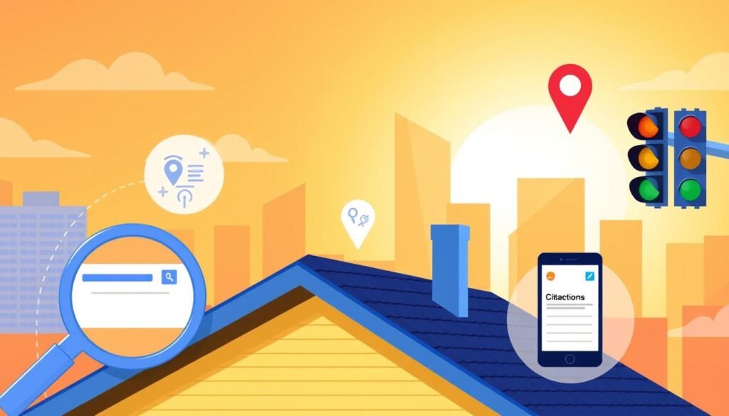 A vibrant digital illustration showcasing local SEO tactics for roofing contractors. Set in a warm, sun-drenched city skyline, a sturdy, well-maintained roof takes center stage, surrounded by icons and graphical elements